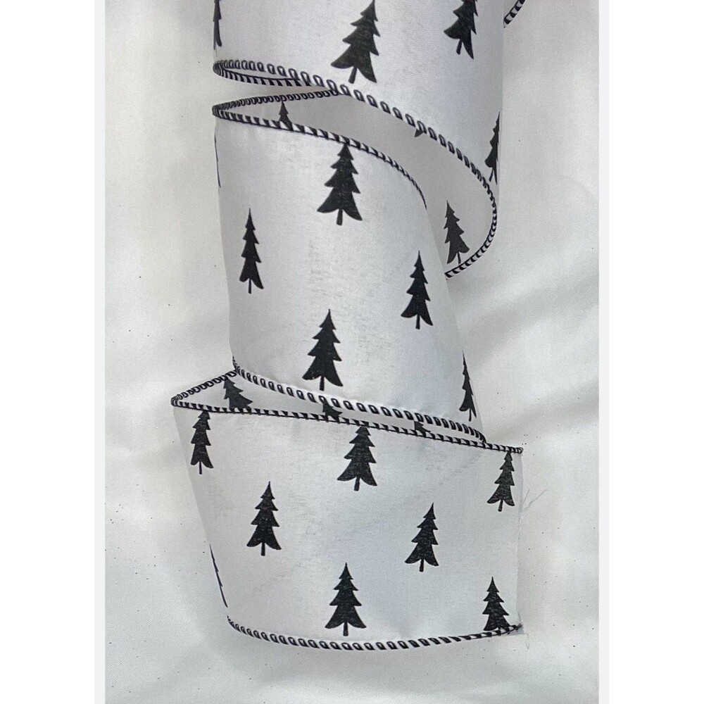 Black & White Wired Ribbon Black Trees & Edge 2.5"  x 30 Feet Polyester Winter - Picture 2 of 3